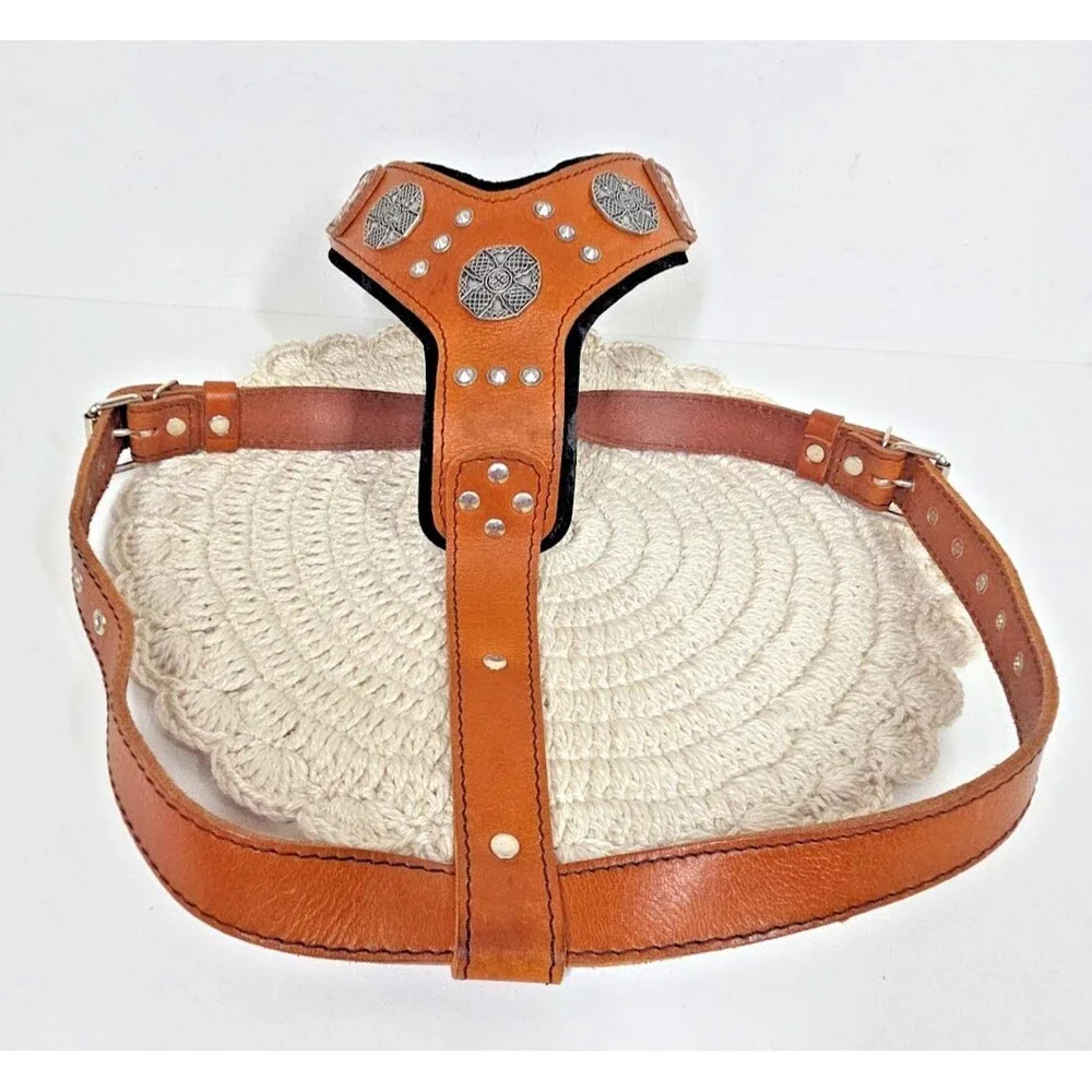 BESTIA The ''Maximus'' Dog Collar Harness Genuine Leather Brown Silver S-M EUC *